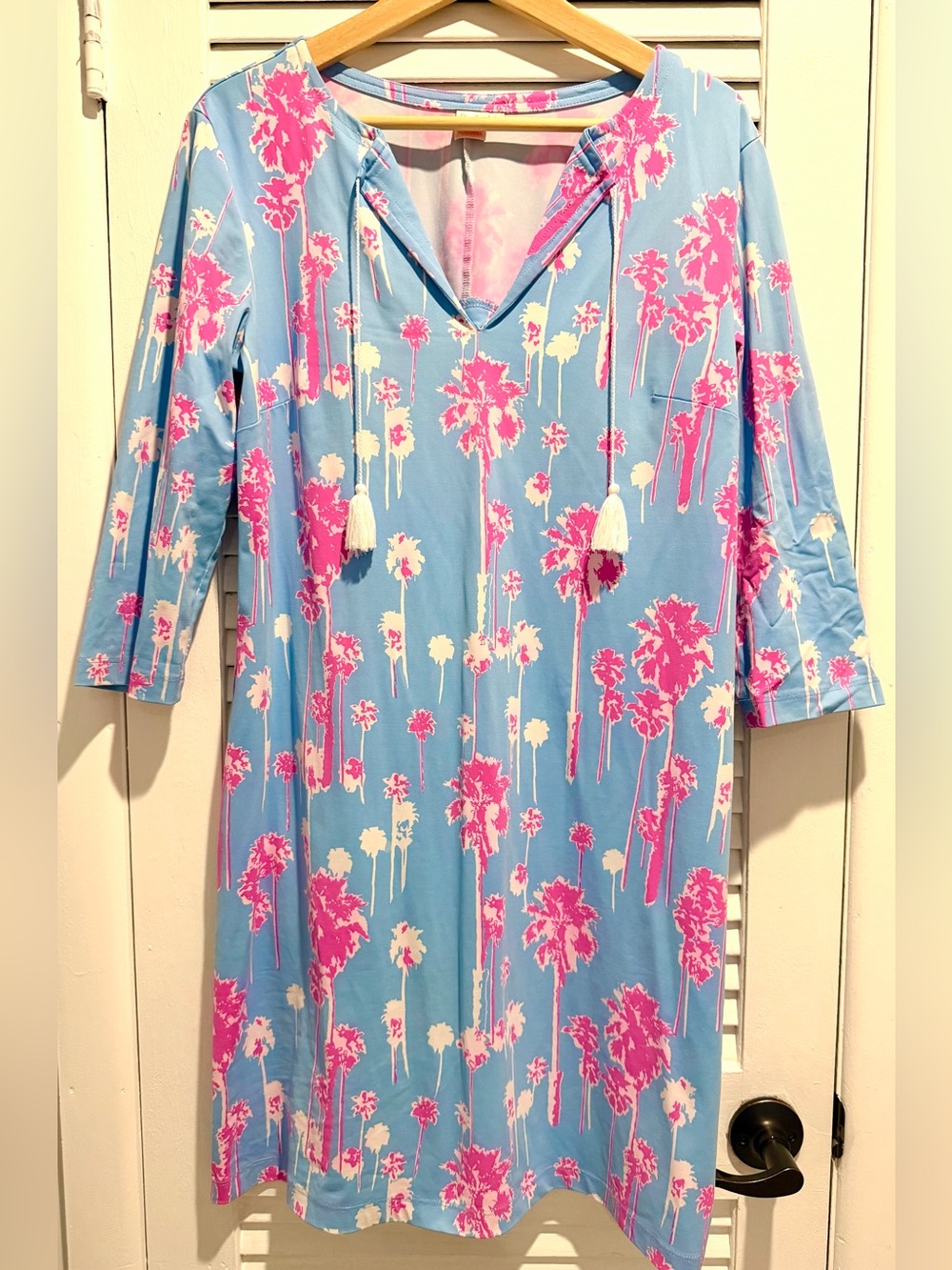 Persifor Palm Tree Print Blue Pink Stretch Split Neck Shift Dress   Size L